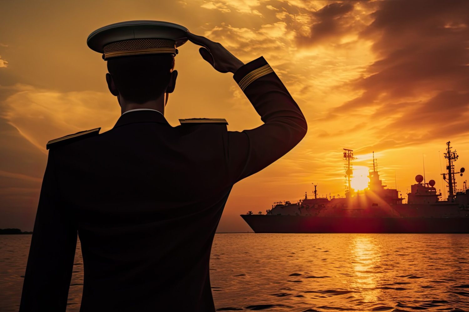 Captain silhouetted against sunset in a digital composite